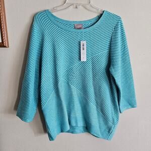 Chico's Turquoise Mixed Rib Scoop 3 Quarter Sleeve Pullover Top NWT 2 XL Reef